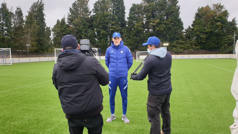 Filming an interview with Thomas Tuchel on the Chelsea training pitch