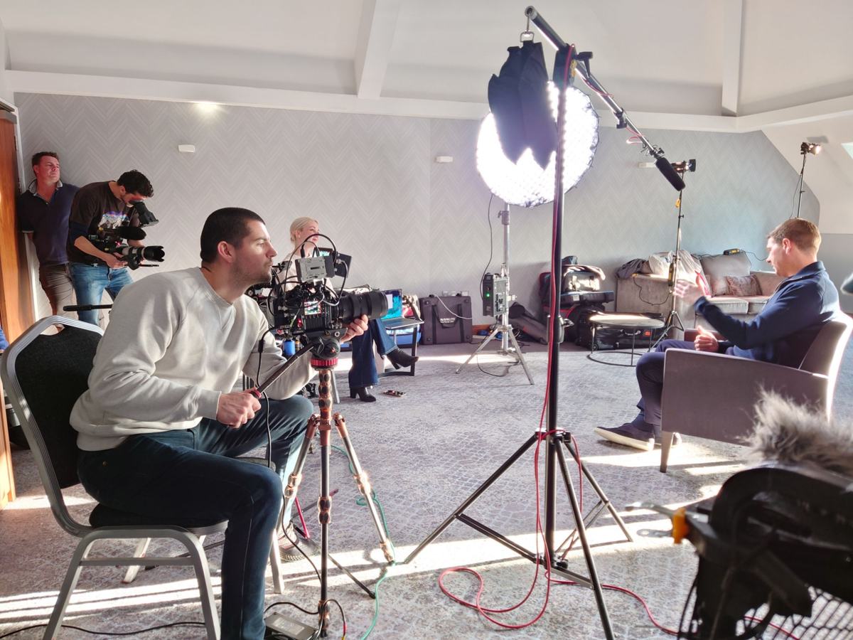 Crew and lights on the interview set with Steven Gerrard on the right